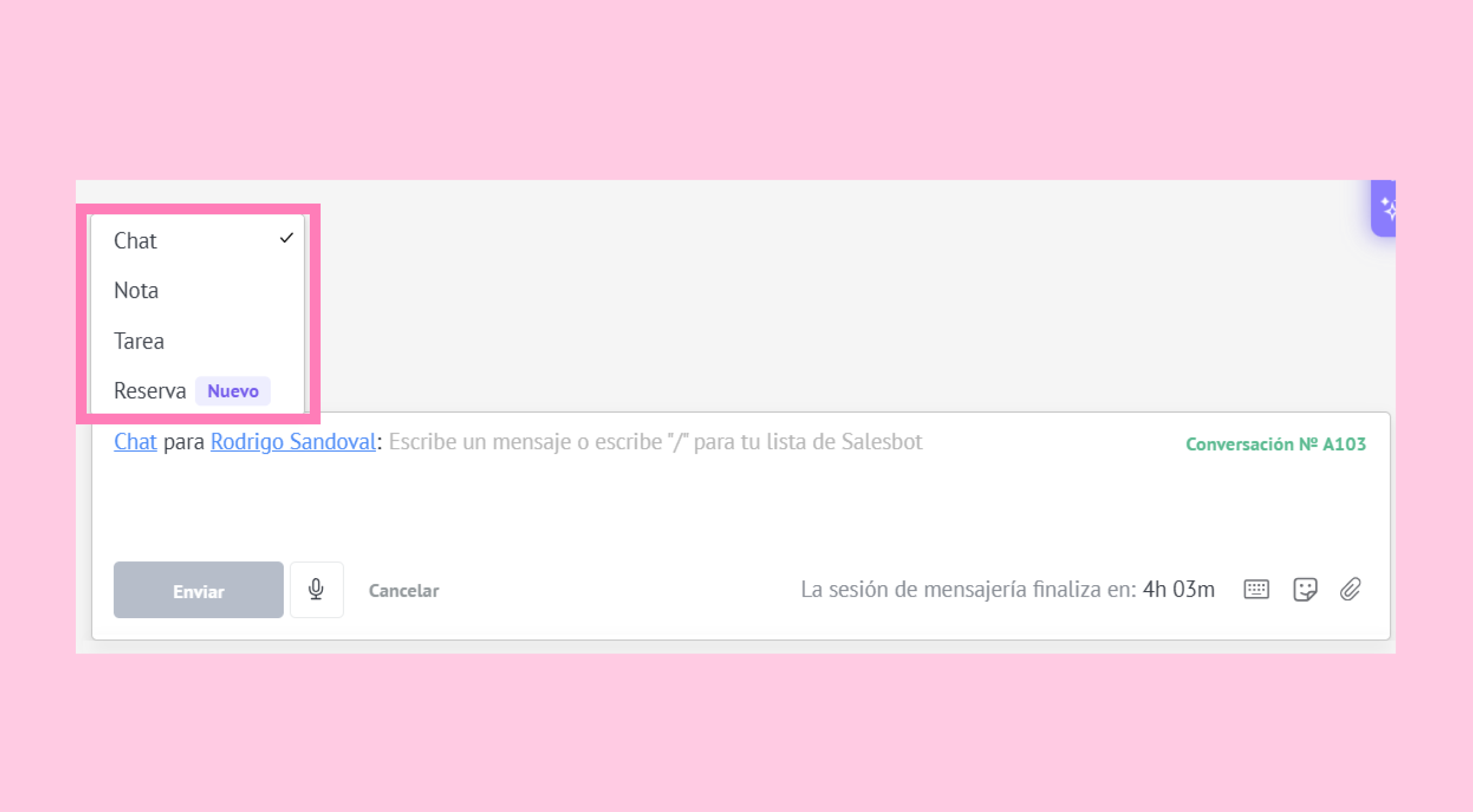 Chat interface displaying options for messaging, notes, tasks, and reservations.
